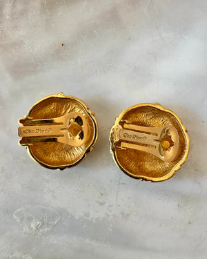 Vintage 80s Signed Christian Dior Gold Plate Round Criss Cross Rope Earrings Clip Ons