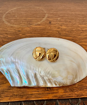 Vintage 80s Signed Christian Dior Gold Plate Round Criss Cross Rope Earrings Clip Ons