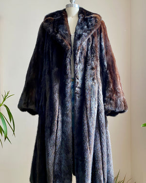 Vintage 1970s SAMUEL GROSSMAN Dark Brown Mink Panelled Fur Coat / with Belt / Notch Lapel Collar /  Bell Sleeves size S 4