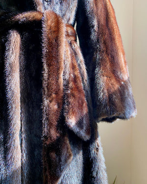 Vintage 1970s SAMUEL GROSSMAN Dark Brown Mink Panelled Fur Coat / with Belt / Notch Lapel Collar /  Bell Sleeves size S 4