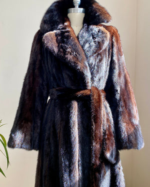 Vintage 1970s SAMUEL GROSSMAN Dark Brown Mink Panelled Fur Coat / with Belt / Notch Lapel Collar /  Bell Sleeves size S 4