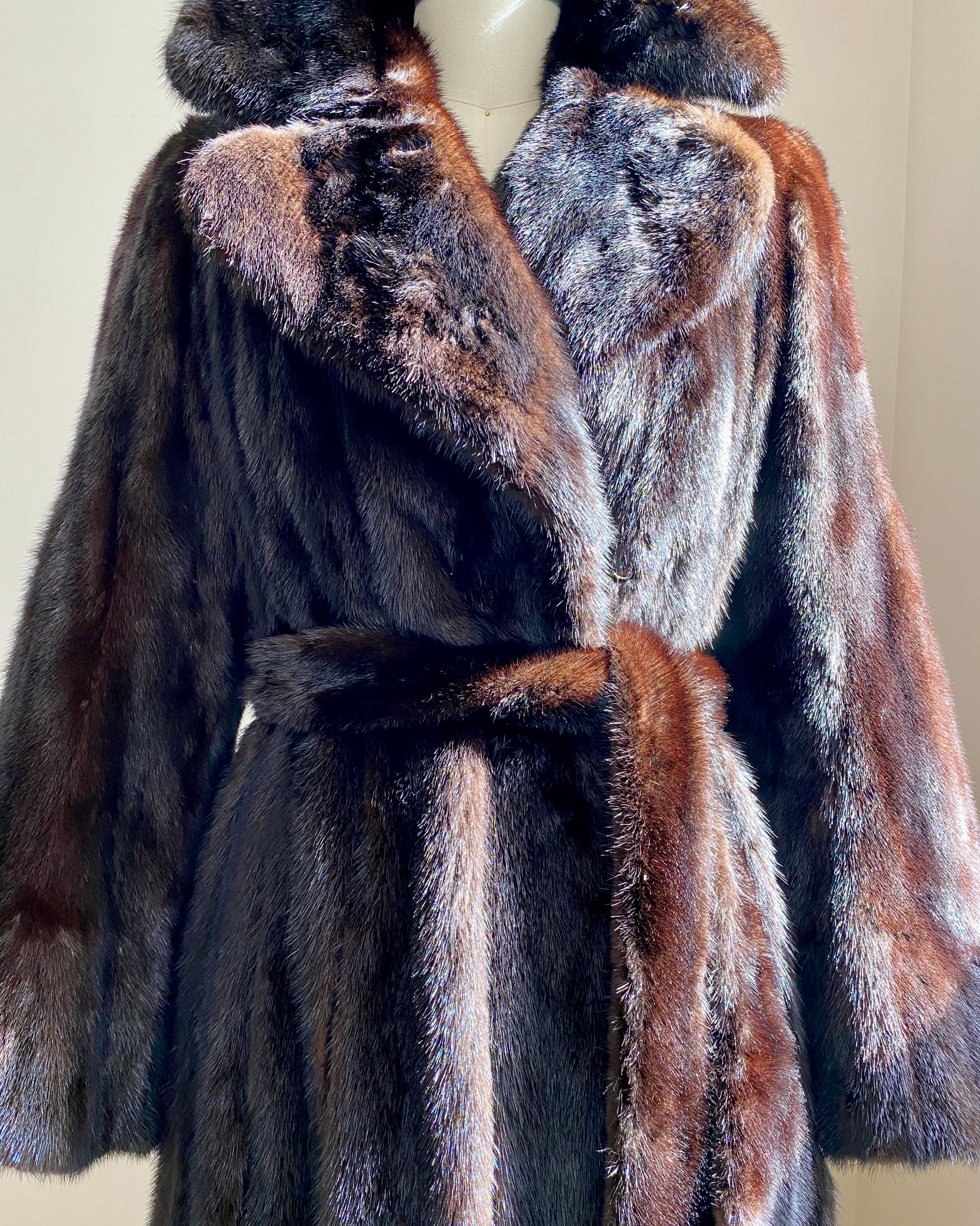 Vintage 1970s SAMUEL GROSSMAN Dark Brown Mink Panelled Fur Coat / with Belt / Notch Lapel Collar /  Bell Sleeves size S 4