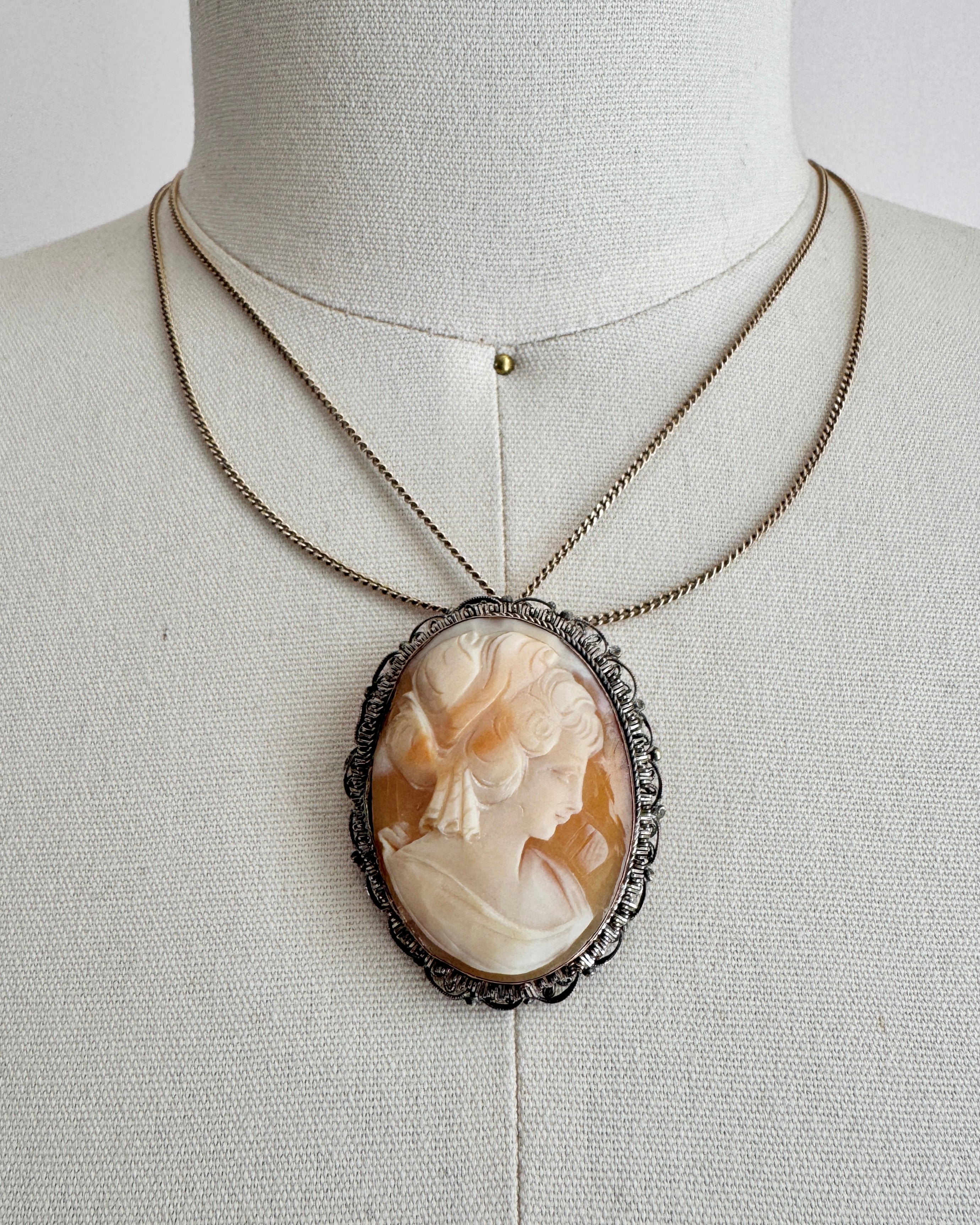 Antique 1920s Italian Filigree Silver Hand Carved Shell Cameo Brooch and Pendant for a Necklace Oval Large Size