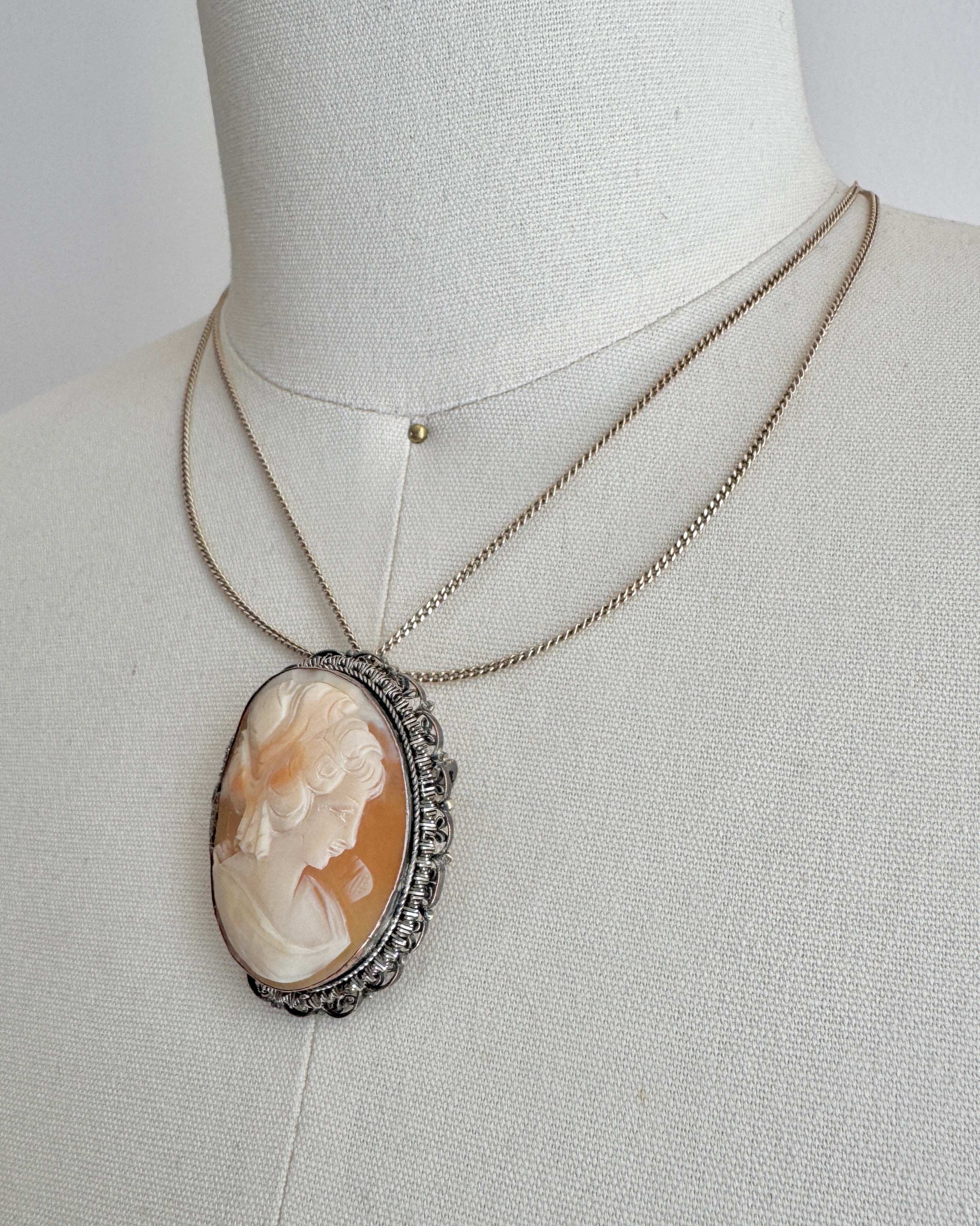 Antique 1920s Italian Filigree Silver Hand Carved Shell Cameo Brooch and Pendant for a Necklace Oval Large Size