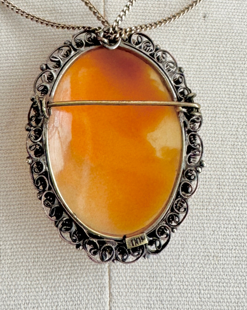 Antique 1920s Italian Filigree Silver Hand Carved Shell Cameo Brooch and Pendant for a Necklace Oval Large Size