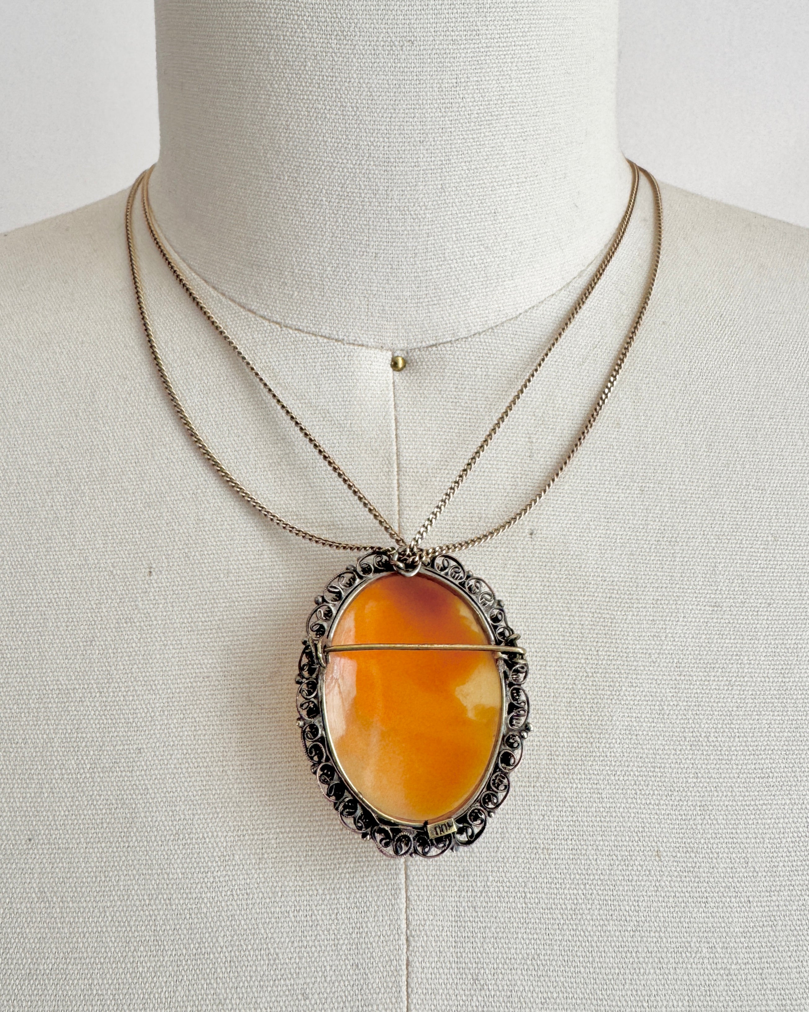 Antique 1920s Italian Filigree Silver Hand Carved Shell Cameo Brooch and Pendant for a Necklace Oval Large Size