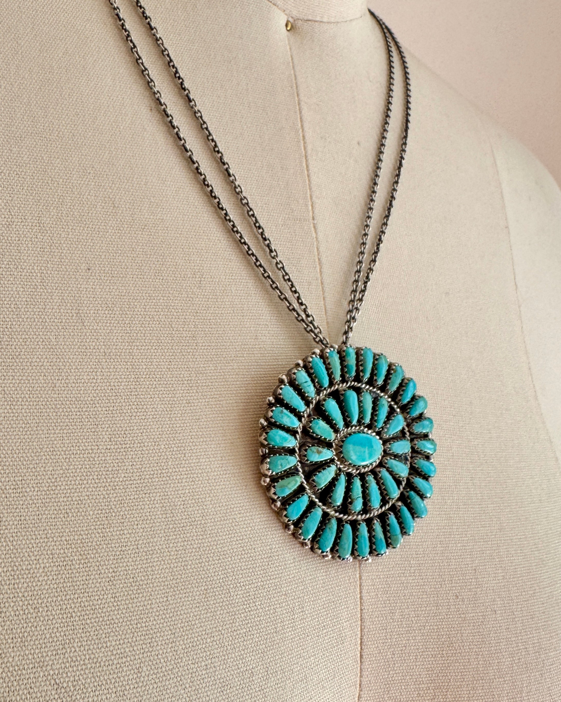 Vintage Native American Navajo Sterling Silver and Turquoise Cluster Kingman Pin Pendant for Necklace Signed PB