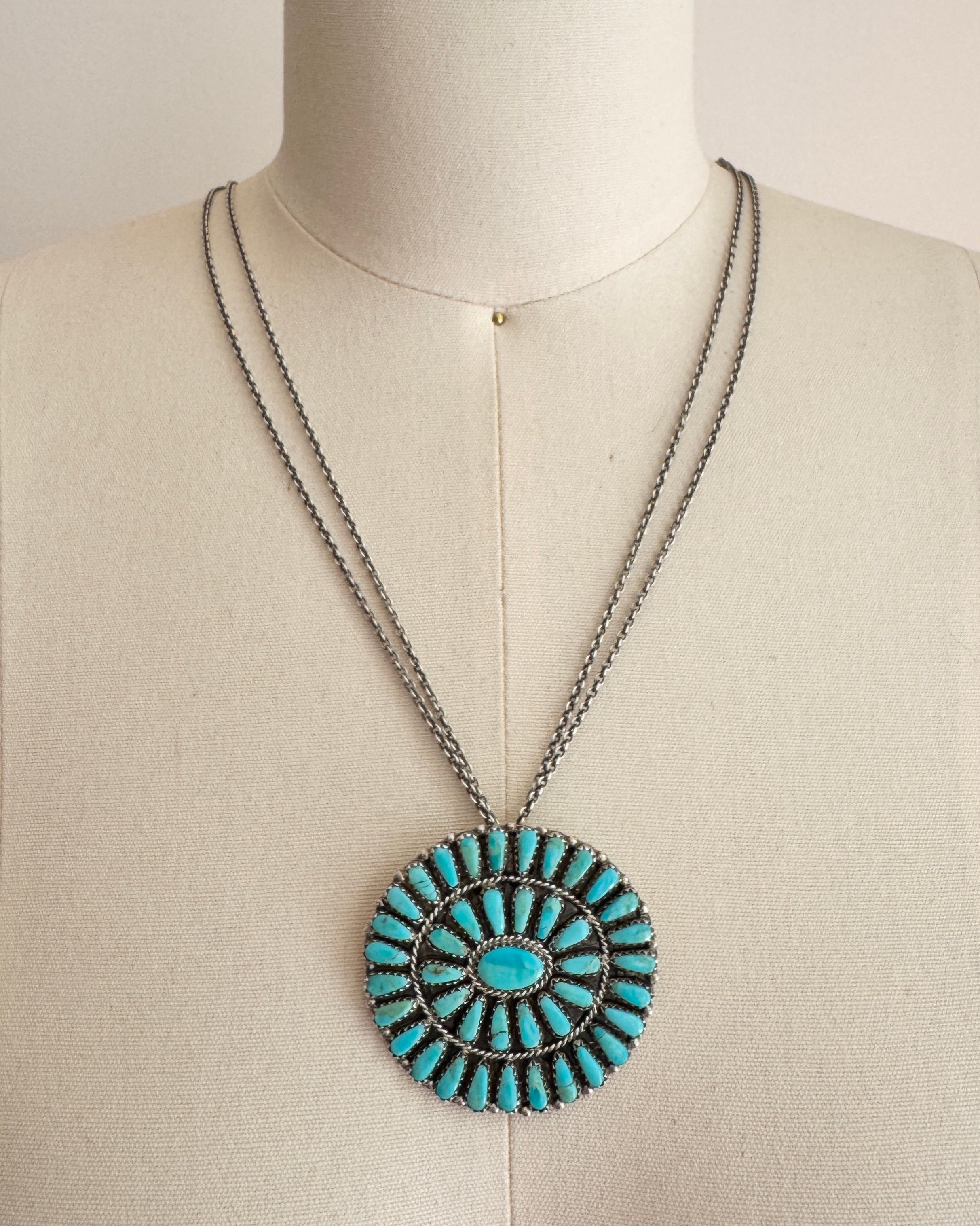 Vintage Native American Navajo Sterling Silver and Turquoise Cluster Kingman Pin Pendant for Necklace Signed PB