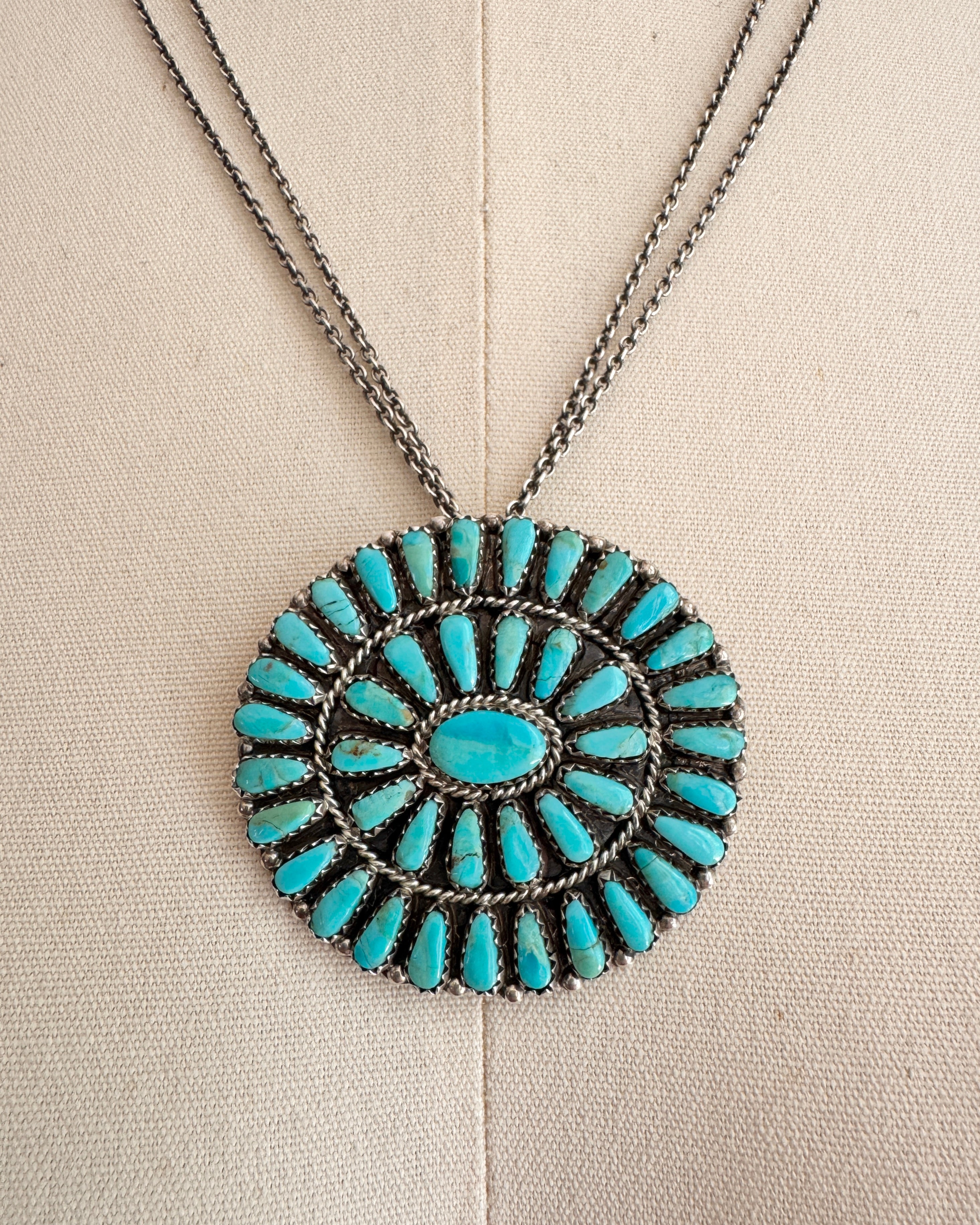 Vintage Native American Navajo Sterling Silver and Turquoise Cluster Kingman Pin Pendant for Necklace Signed PB