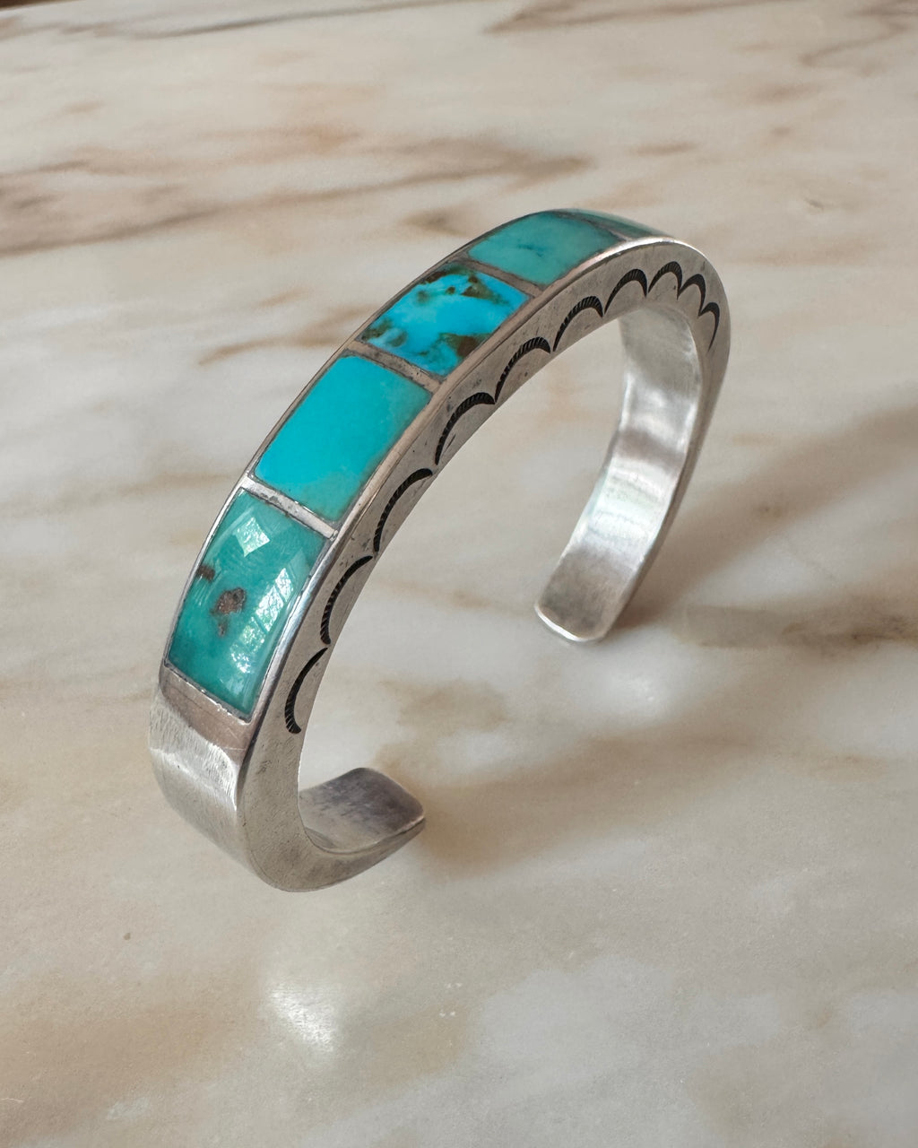 Vintage Zuni Silver And Turquoise Flush Channel Inlay With Scallop Stamp or Engraving at Sides Cuff Bangle Bracelet Native American