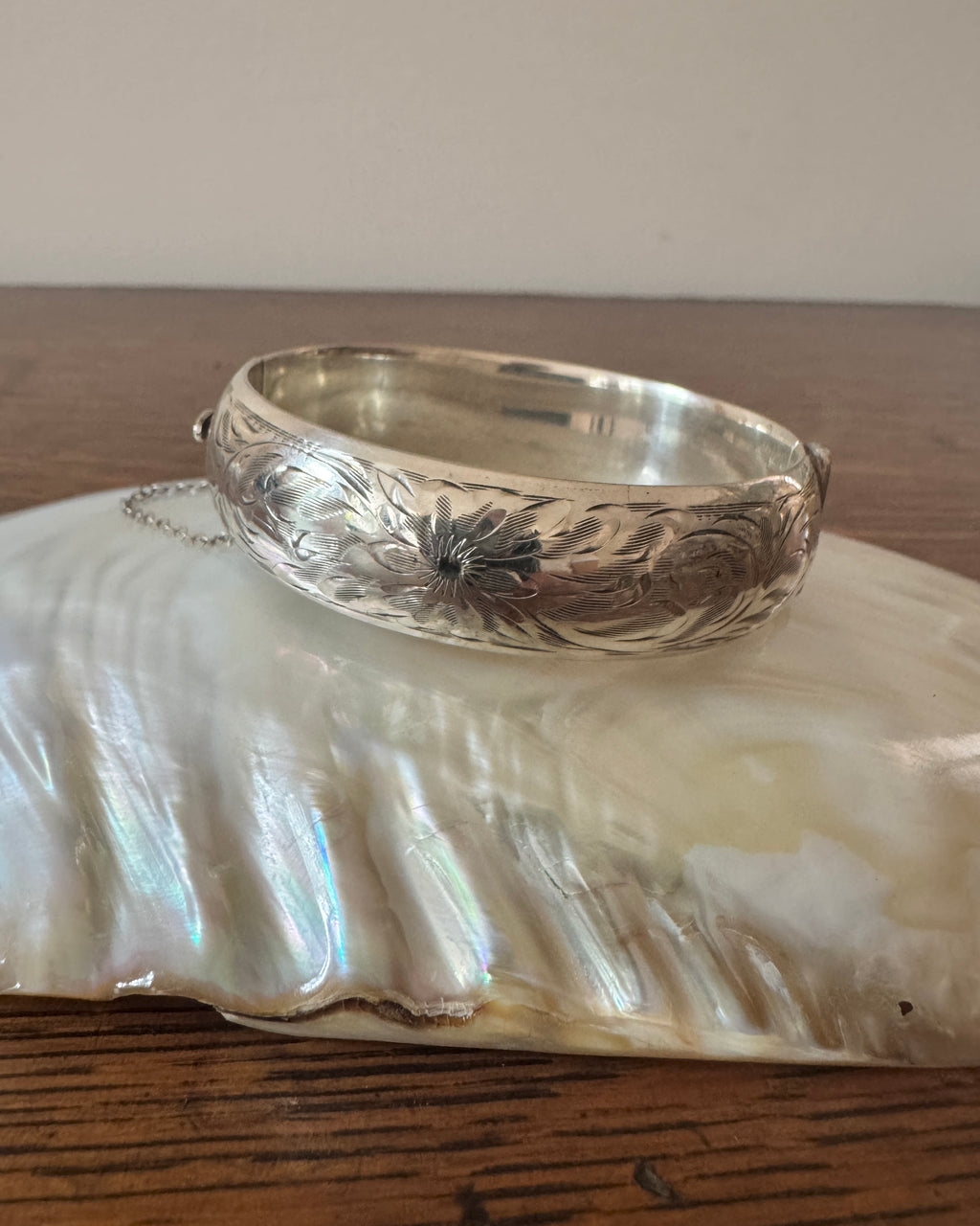 Vintage Birks Signature Sterling Silver Floral Design Hinged Engraved Bracelet Cuff Bangle With Safety Chain