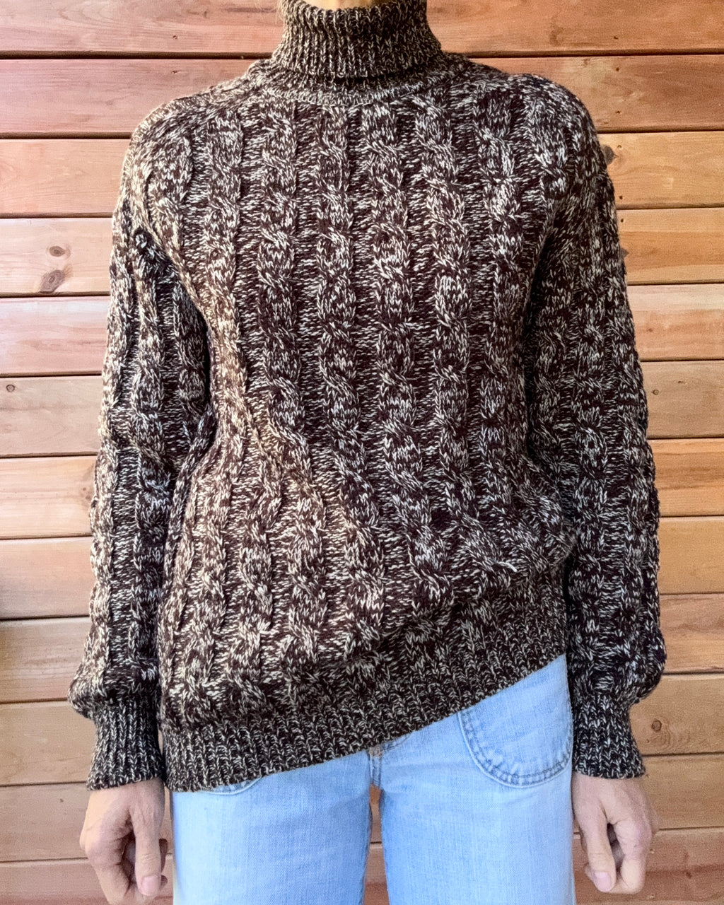 Vintage Eaton's Cable Hand Knit Merino Wool Brown Melange Fisherman Turtleneck Sweater Made in Italy