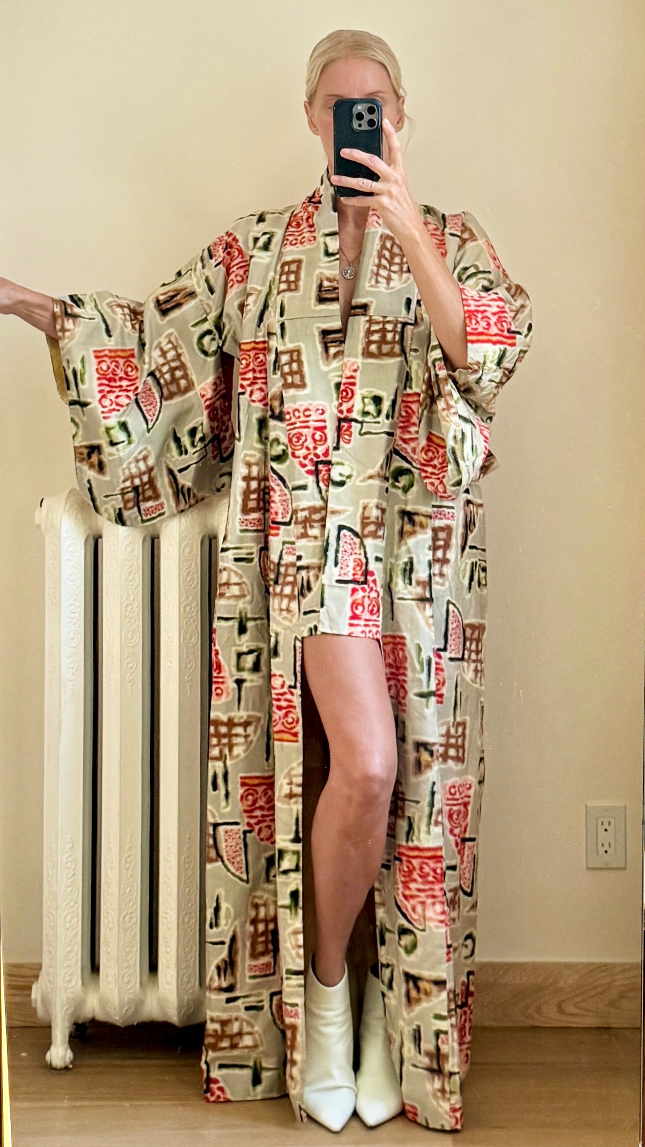 Vintage Japanese Silk Ottoman Miesen Kimono Robe With Stamp Tile Design