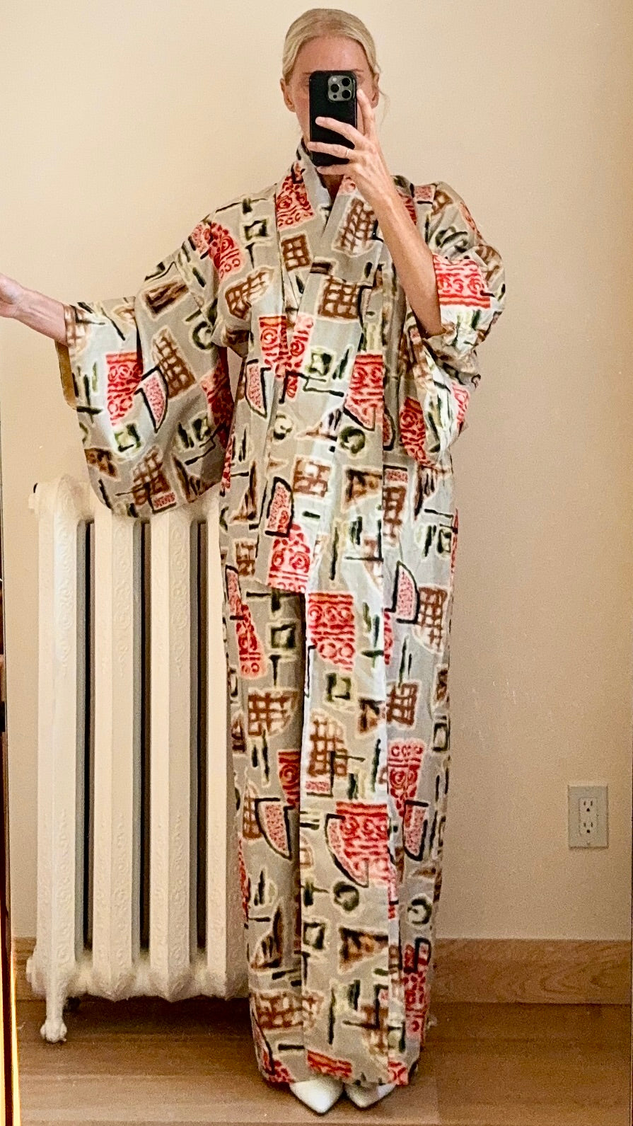 Vintage Japanese Silk Ottoman Miesen Kimono Robe With Stamp Tile Design