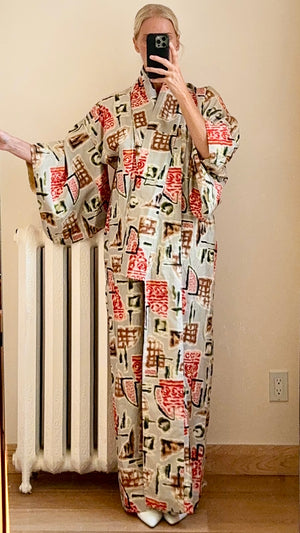 Vintage Japanese Silk Ottoman Miesen Kimono Robe With Stamp Tile Design