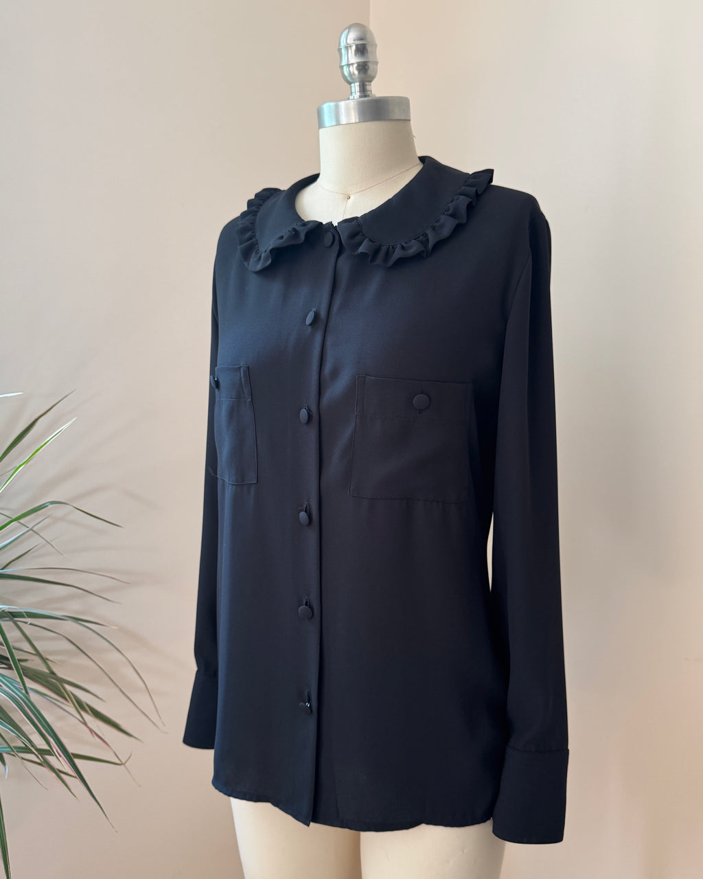 Sonia Rykiel Paris Vintage Black Crepe Blouson Peter Pan collar and Chest Pockets Blouse Size 38 Made in France