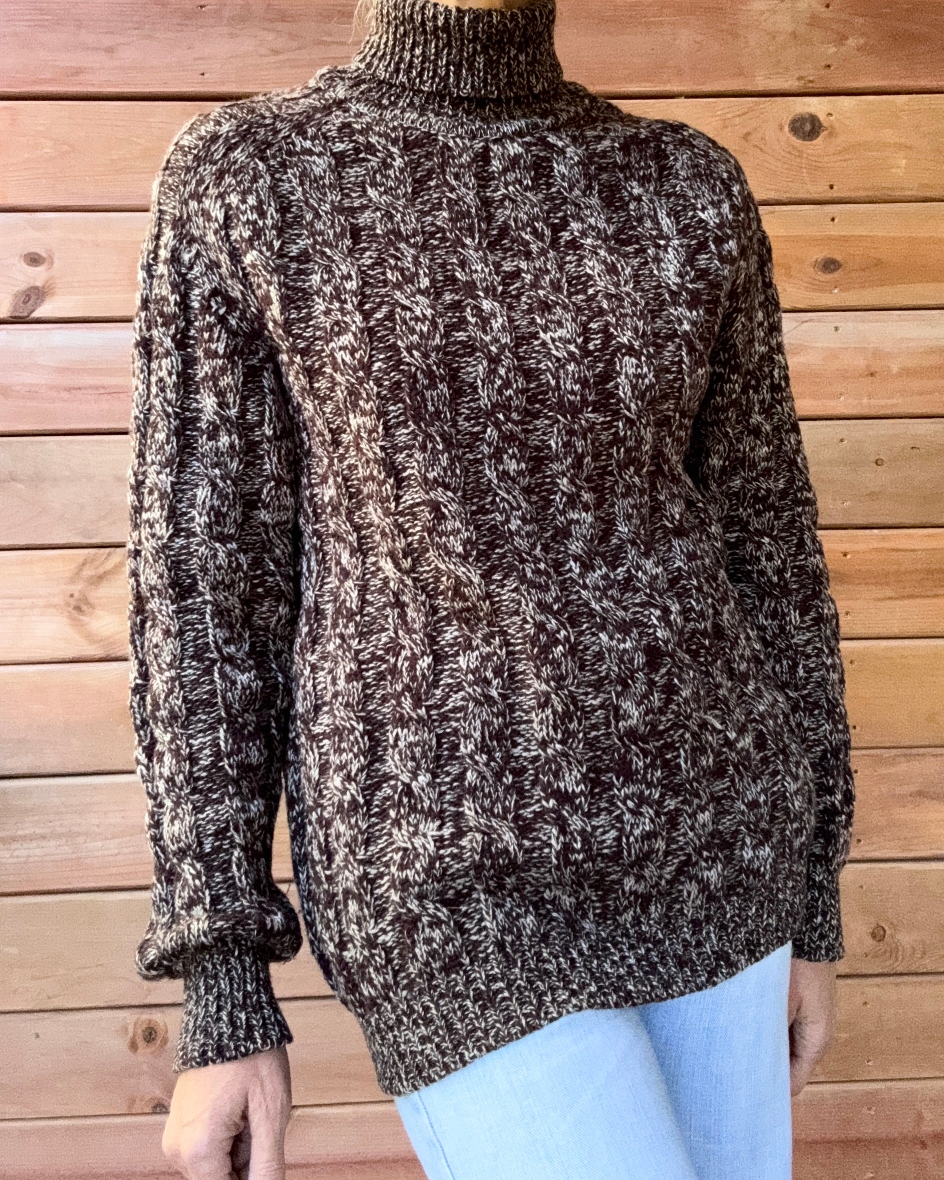 Vintage Eaton's Cable Hand Knit Merino Wool Brown Melange Fisherman Turtleneck Sweater Made in Italy