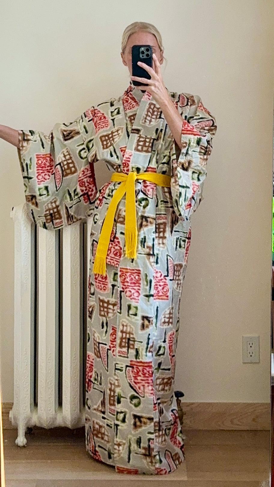 Vintage Japanese Silk Ottoman Miesen Kimono Robe With Stamp Tile Design