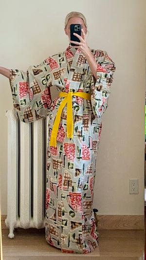 Vintage Japanese Silk Ottoman Miesen Kimono Robe With Stamp Tile Design