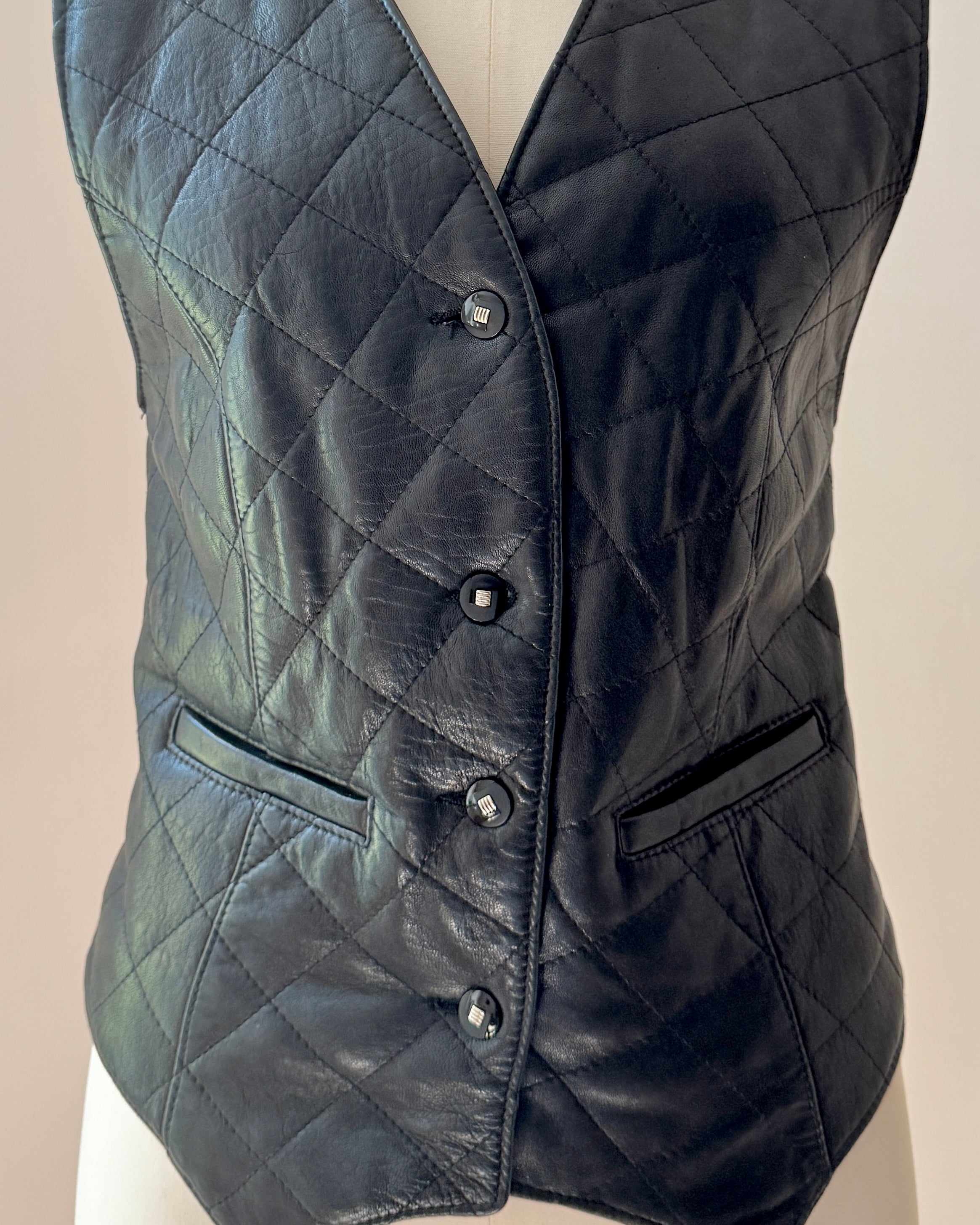 Vintage 90s Black Leather and Suede Diamond Quilted Vest Waistcoat with Back Belt and Pockets Size M