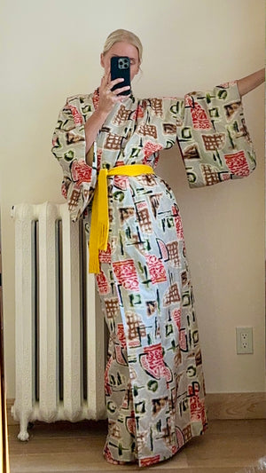Vintage Japanese Silk Ottoman Miesen Kimono Robe With Stamp Tile Design
