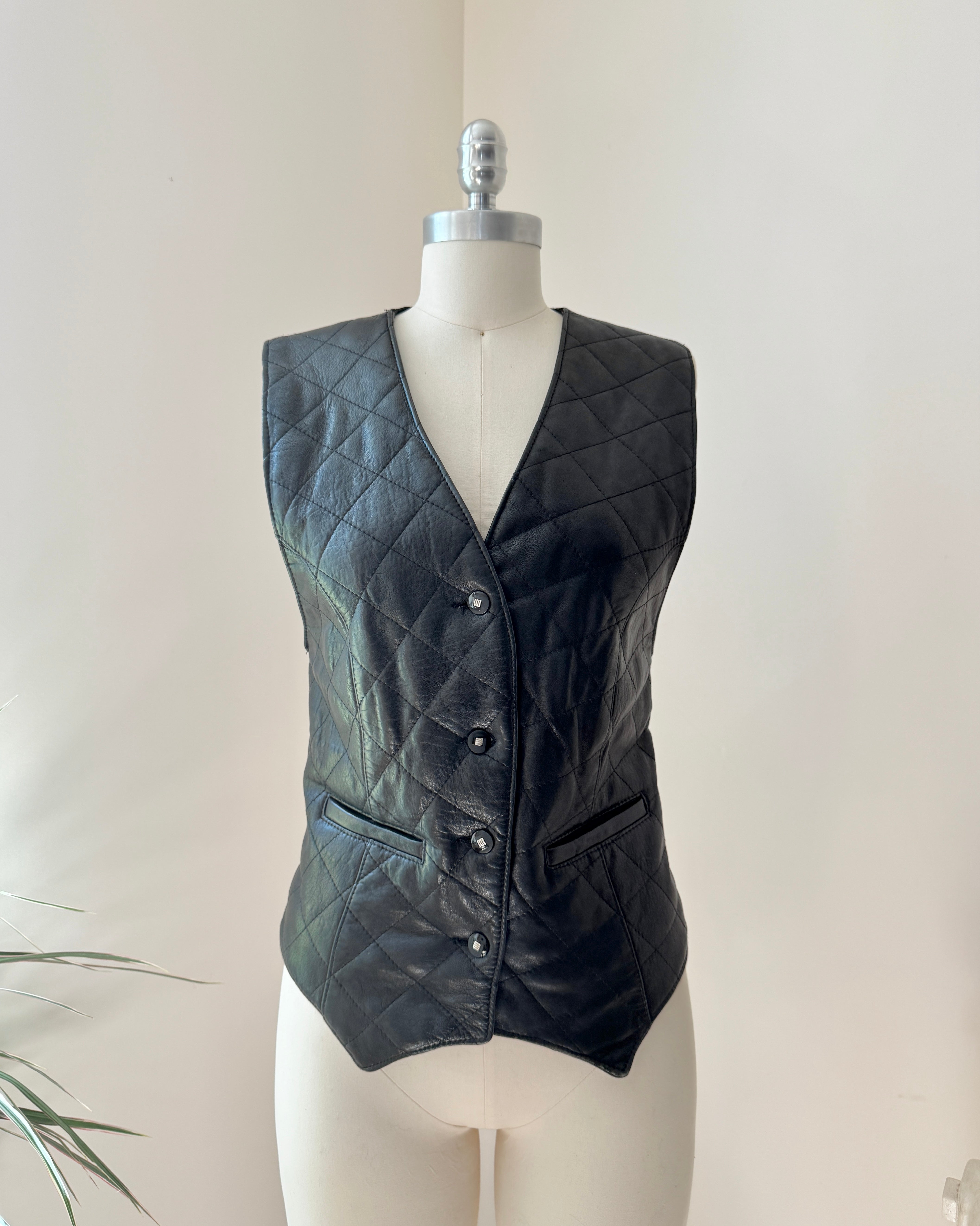 Vintage 90s Black Leather and Suede Diamond Quilted Vest Waistcoat with Back Belt and Pockets Size M