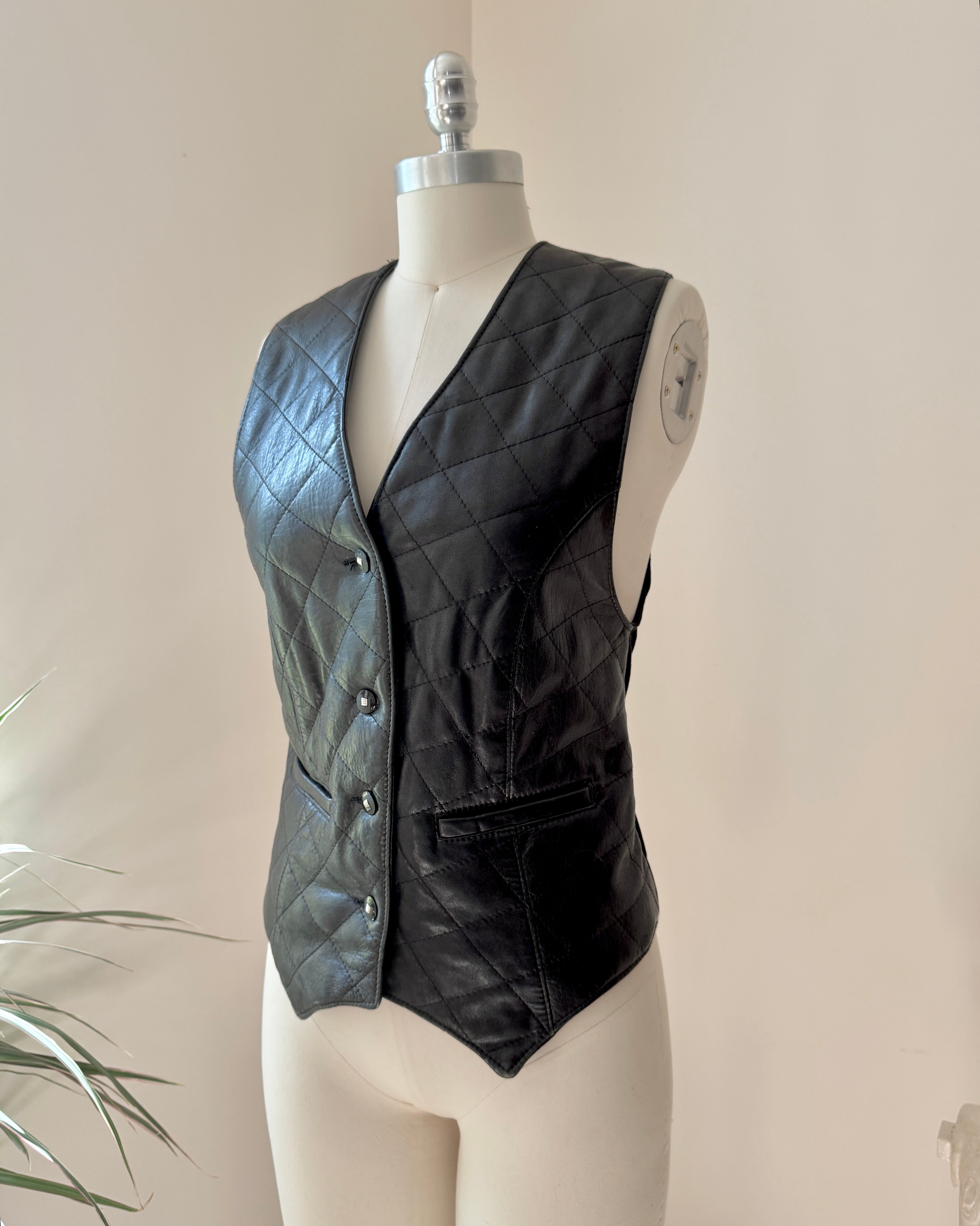 Vintage 90s Black Leather and Suede Diamond Quilted Vest Waistcoat with Back Belt and Pockets Size M