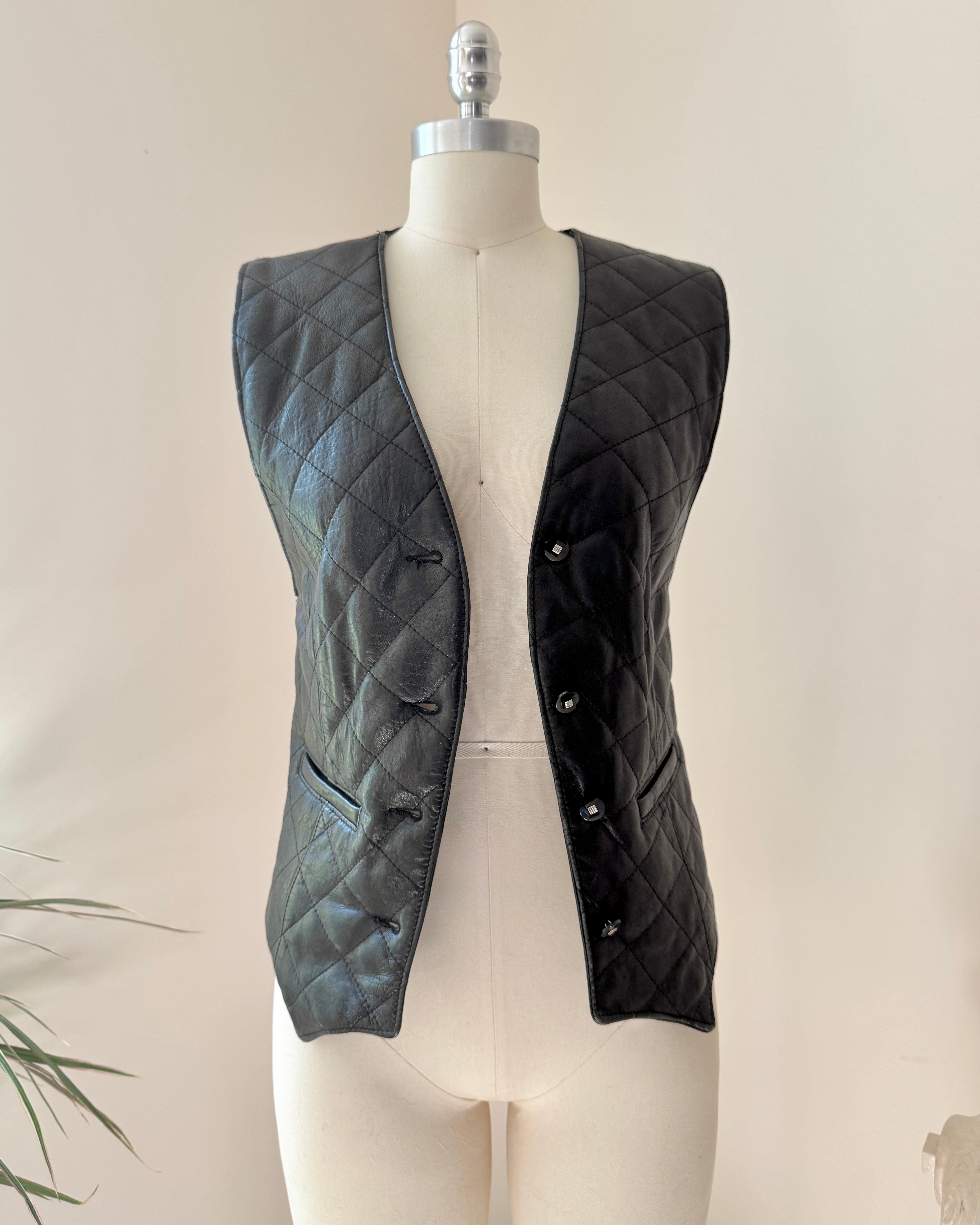 Vintage 90s Black Leather and Suede Diamond Quilted Vest Waistcoat with Back Belt and Pockets Size M