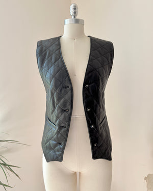 Vintage 90s Black Leather and Suede Diamond Quilted Vest Waistcoat with Back Belt and Pockets Size M