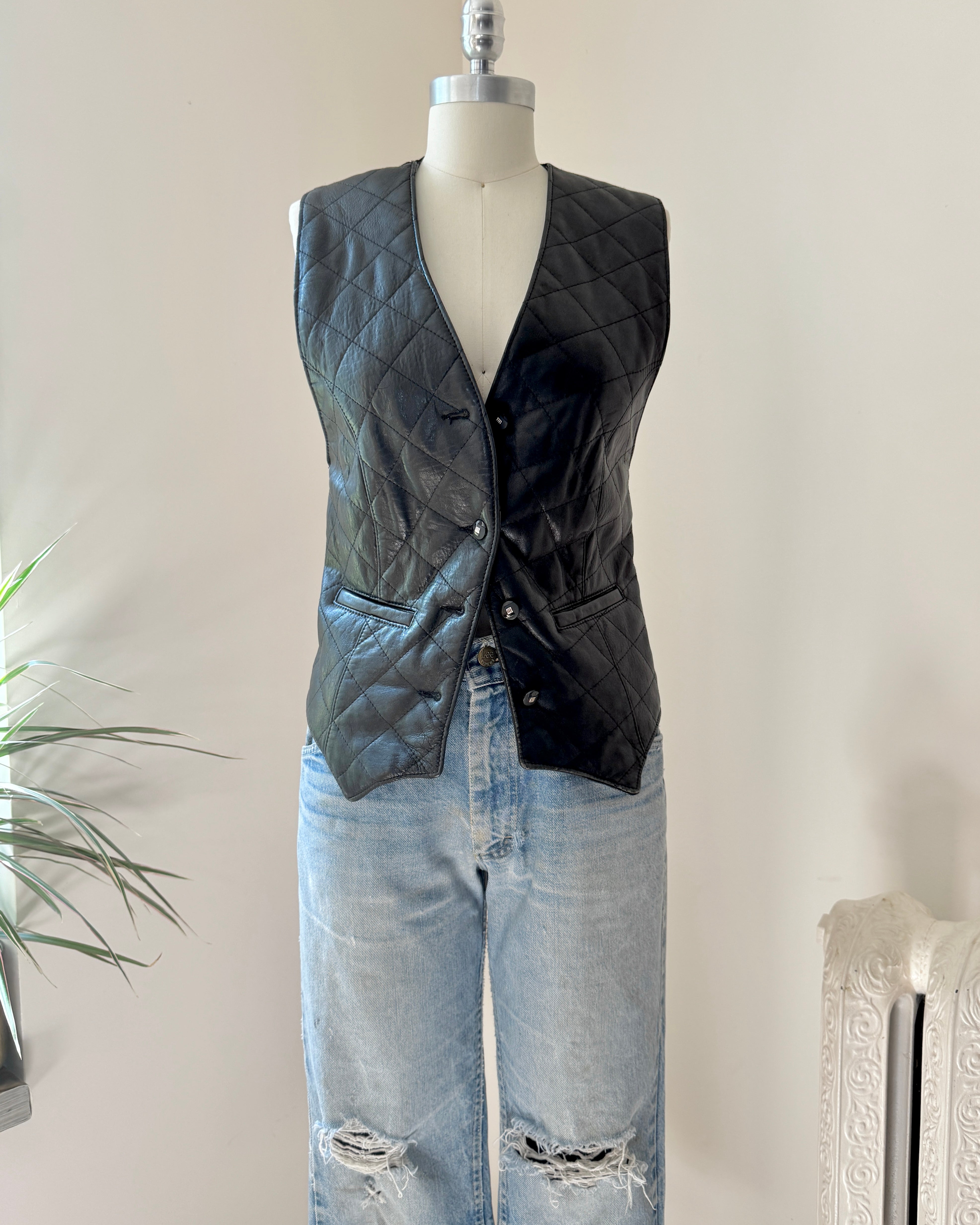 Vintage 90s Black Leather and Suede Diamond Quilted Vest Waistcoat with Back Belt and Pockets Size M
