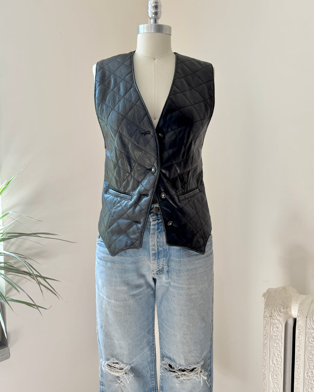 Vintage 90s Black Leather and Suede Diamond Quilted Vest Waistcoat with Back Belt and Pockets Size M