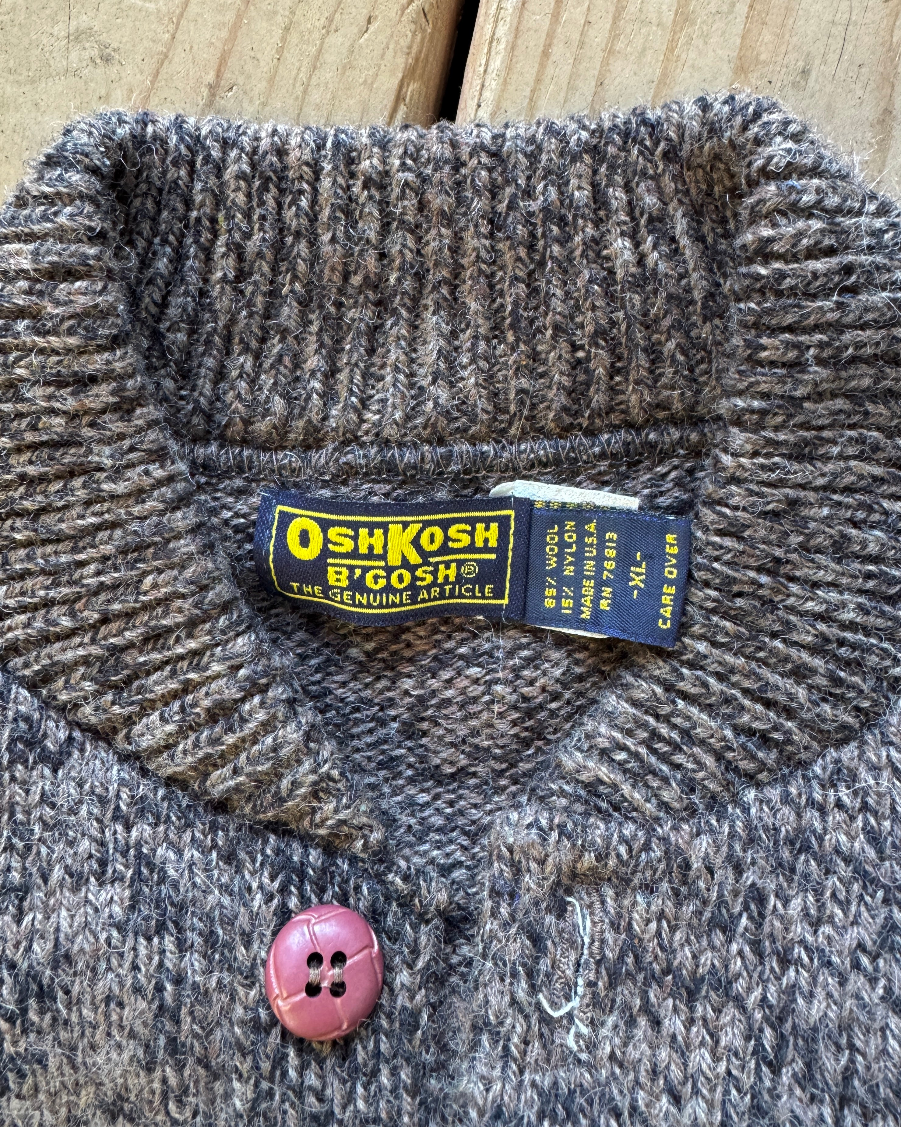 Vintage OshKosh B'Gosh Rag Wool Heathered Brown Henley Neck Sweater Made in USA