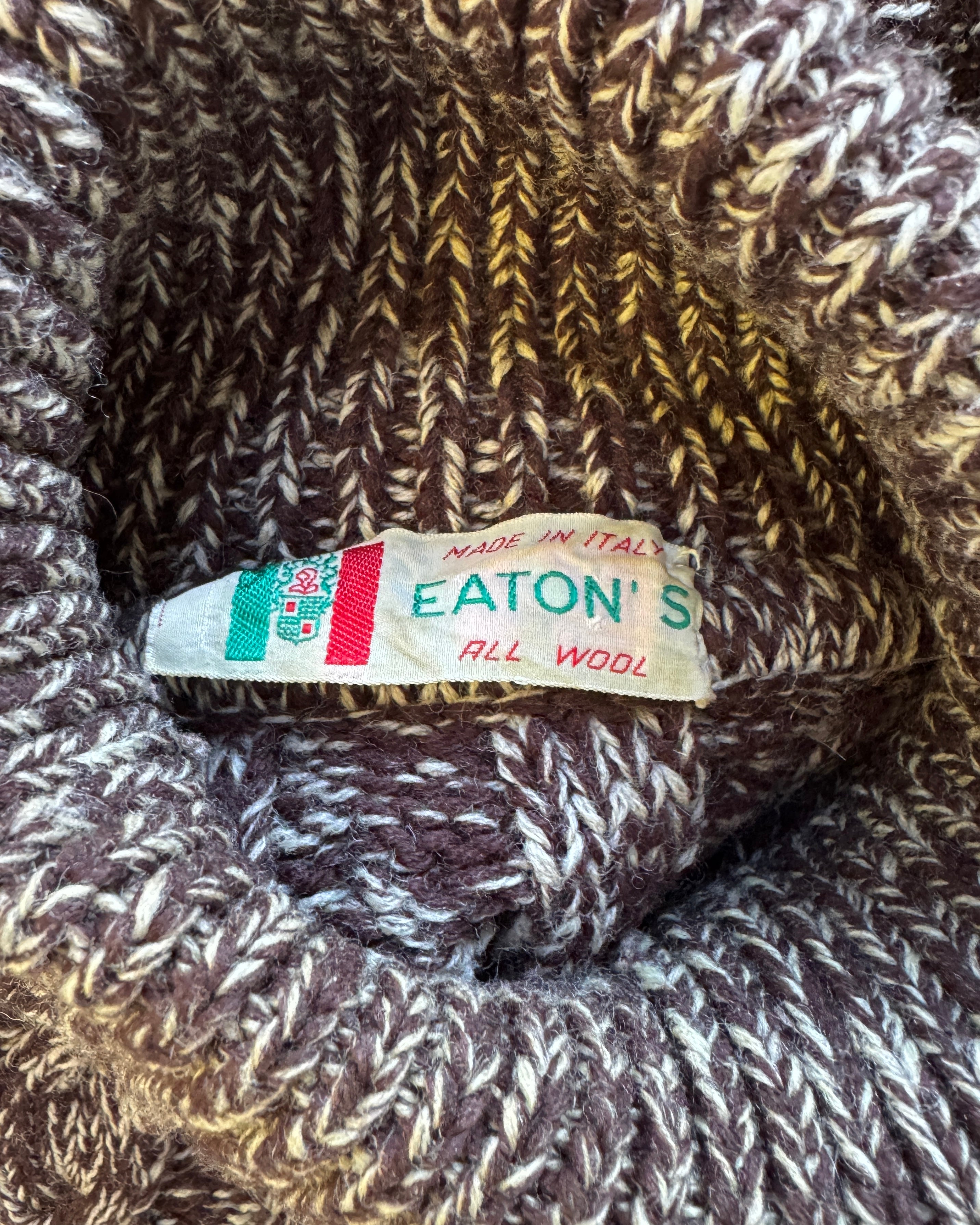 Vintage Eaton's Cable Hand Knit Merino Wool Brown Melange Fisherman Turtleneck Sweater Made in Italy