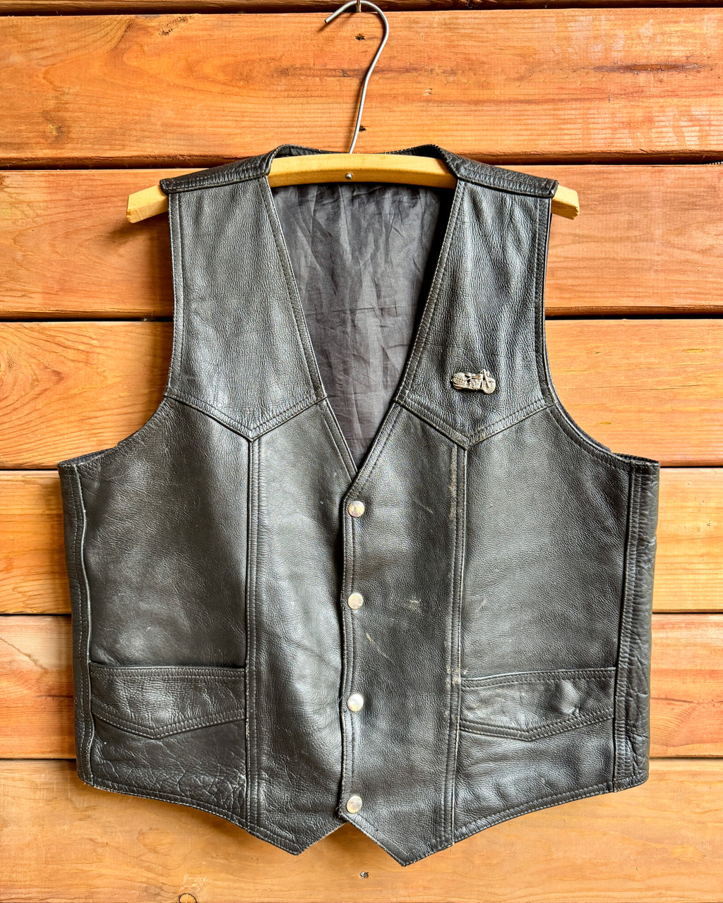 Vintage 90s Black Leather Mens Biker Vest Waistcoat with Pockets Size L