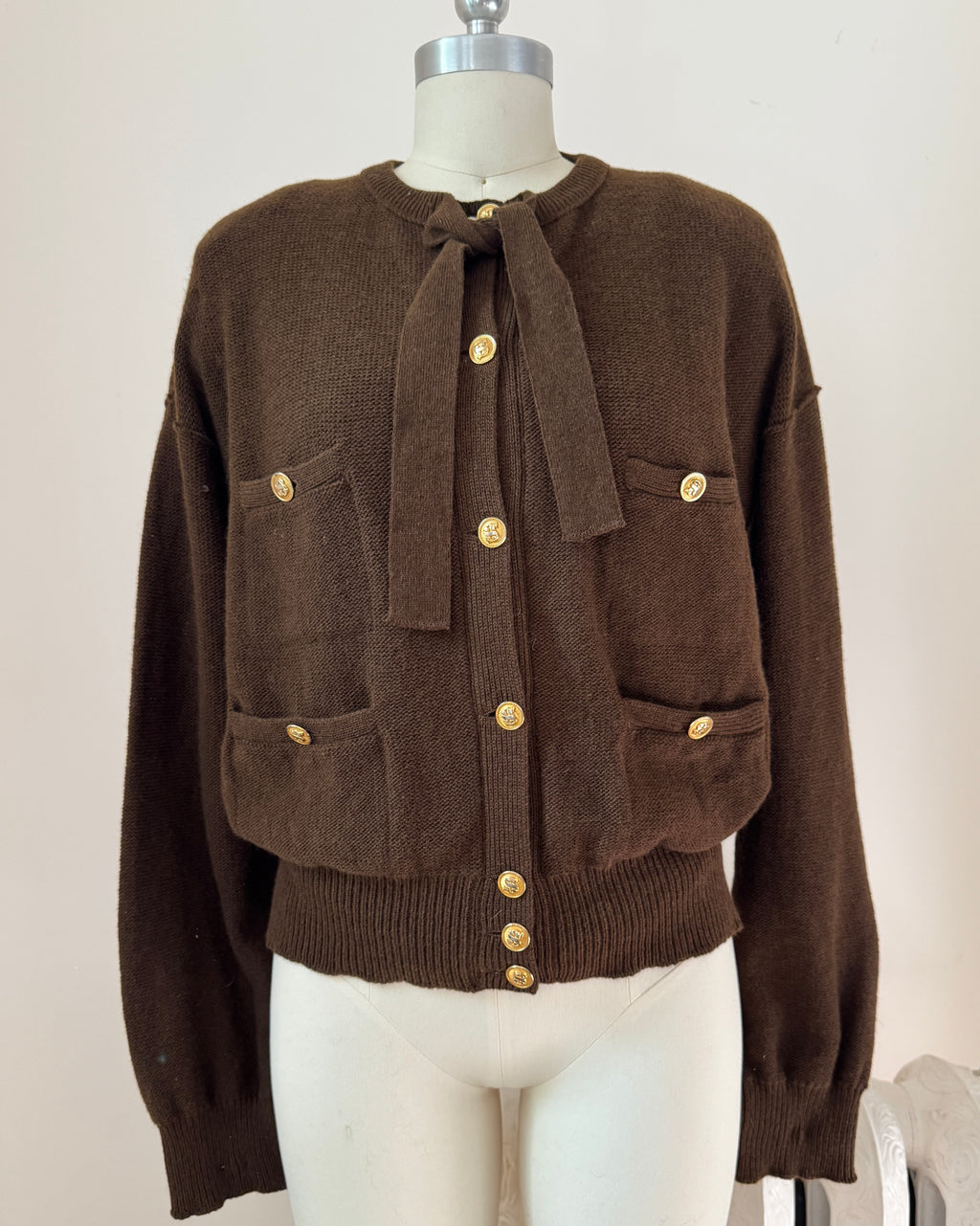 Sonia Rykiel Paris Vintage Brown Wool Knit Cardigan with Pockets and Gold logo Buttons Size 40 Made in Italy