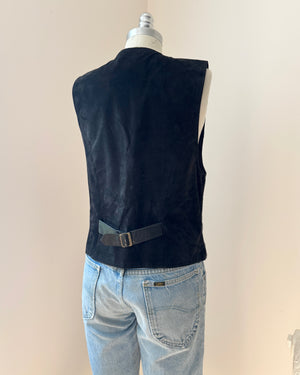 Vintage 90s Black Leather and Suede Diamond Quilted Vest Waistcoat with Back Belt and Pockets Size M