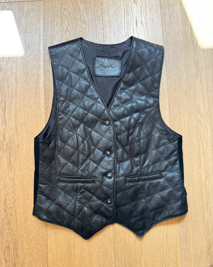 Vintage 90s Black Leather and Suede Diamond Quilted Vest Waistcoat with Back Belt and Pockets Size M