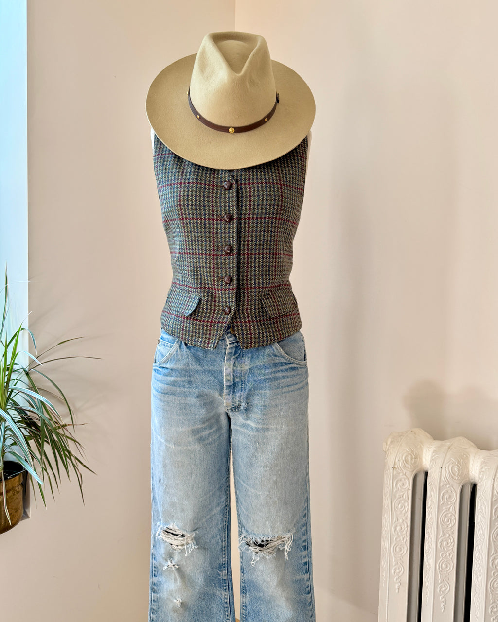 Vintage Lizsport Houndstooth Check Plaid Vneck Vest Waistcoat with Leather Buttons M 6