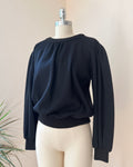 Vintage 1980s YSL Yves Saint Laurent Rive Gauche Black Double Knit Gathered Crew Neck with Bell Sleeves Size 38 4/6