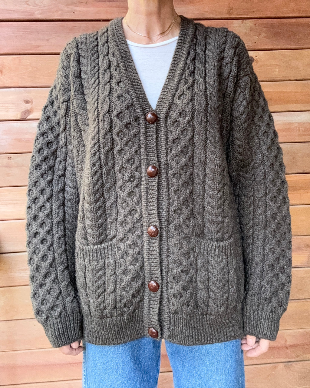 Vintage John Molloy Fisherman Cable Brown Sweater Cardigan Hand Knit in Ireland Pure New Wool L XL