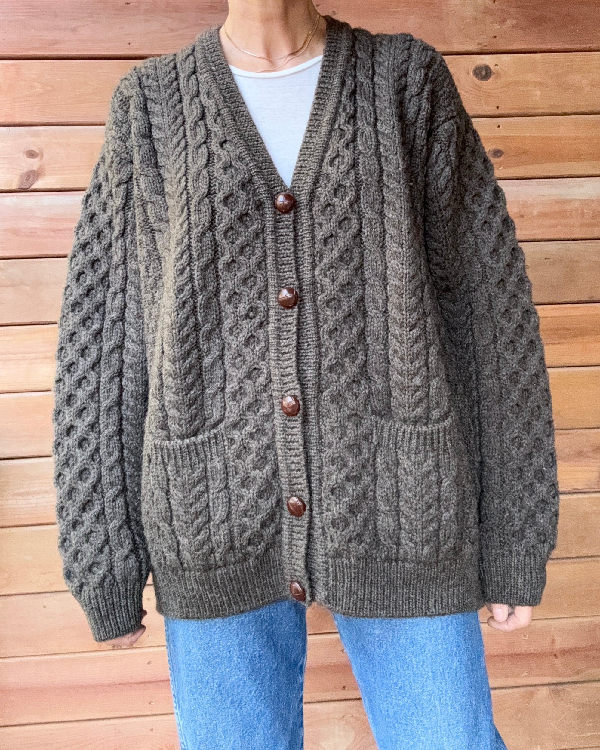 Vintage John Molloy Fisherman Cable Brown Sweater Cardigan Hand Knit in Ireland Pure New Wool L XL