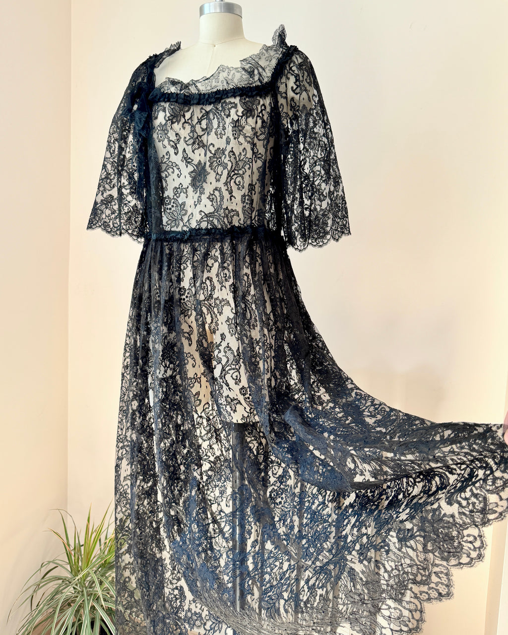 Vintage Black Chantilly Floral Lace Flapper Style Ankle length Dress with Bell Sleeves and Gathered Skirt Size M L