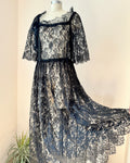Vintage Black Chantilly Floral Lace Flapper Style Ankle length Dress with Bell Sleeves and Gathered Skirt Size M L
