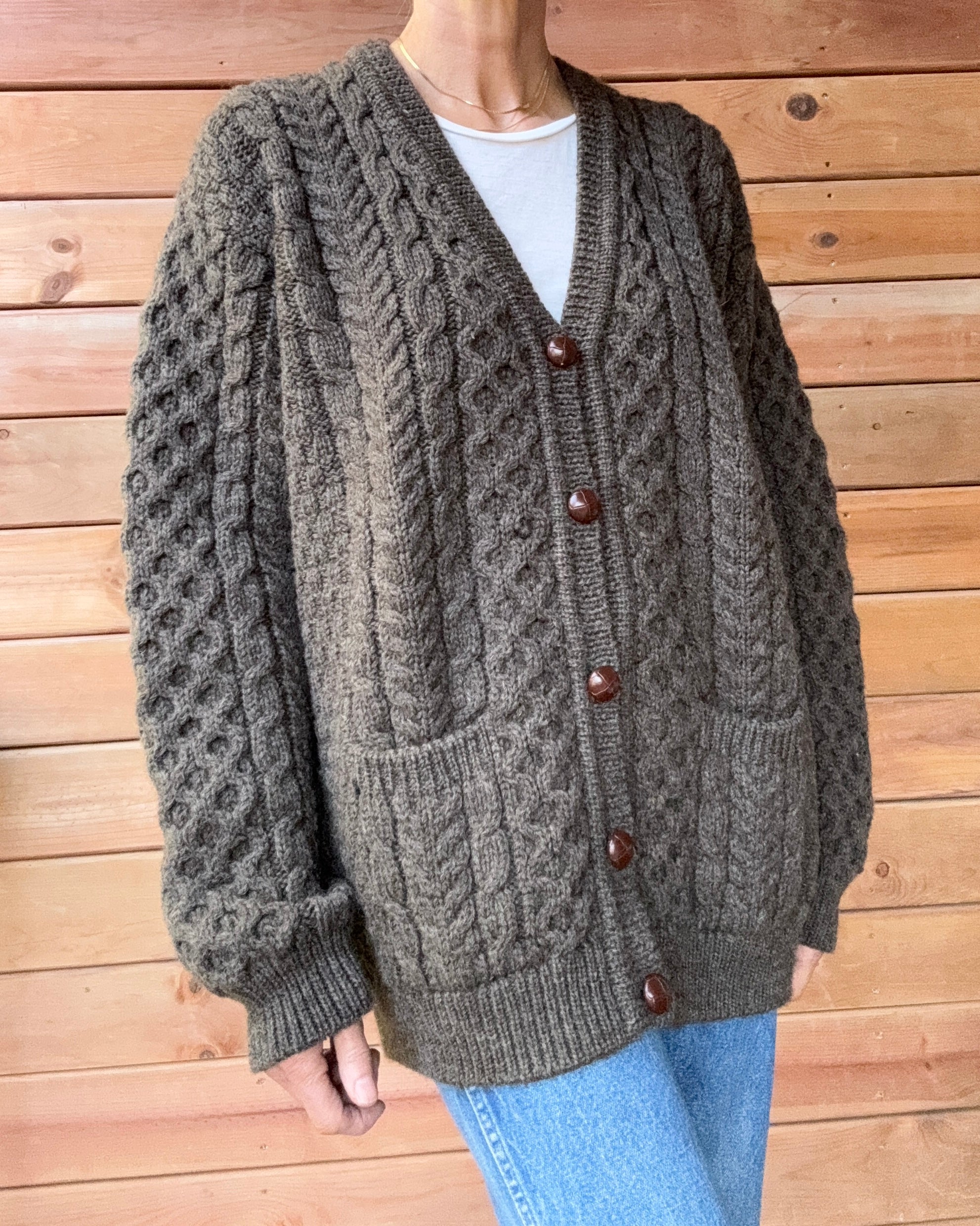 Vintage John Molloy Fisherman Cable Brown Sweater Cardigan Hand Knit in Ireland Pure New Wool L XL