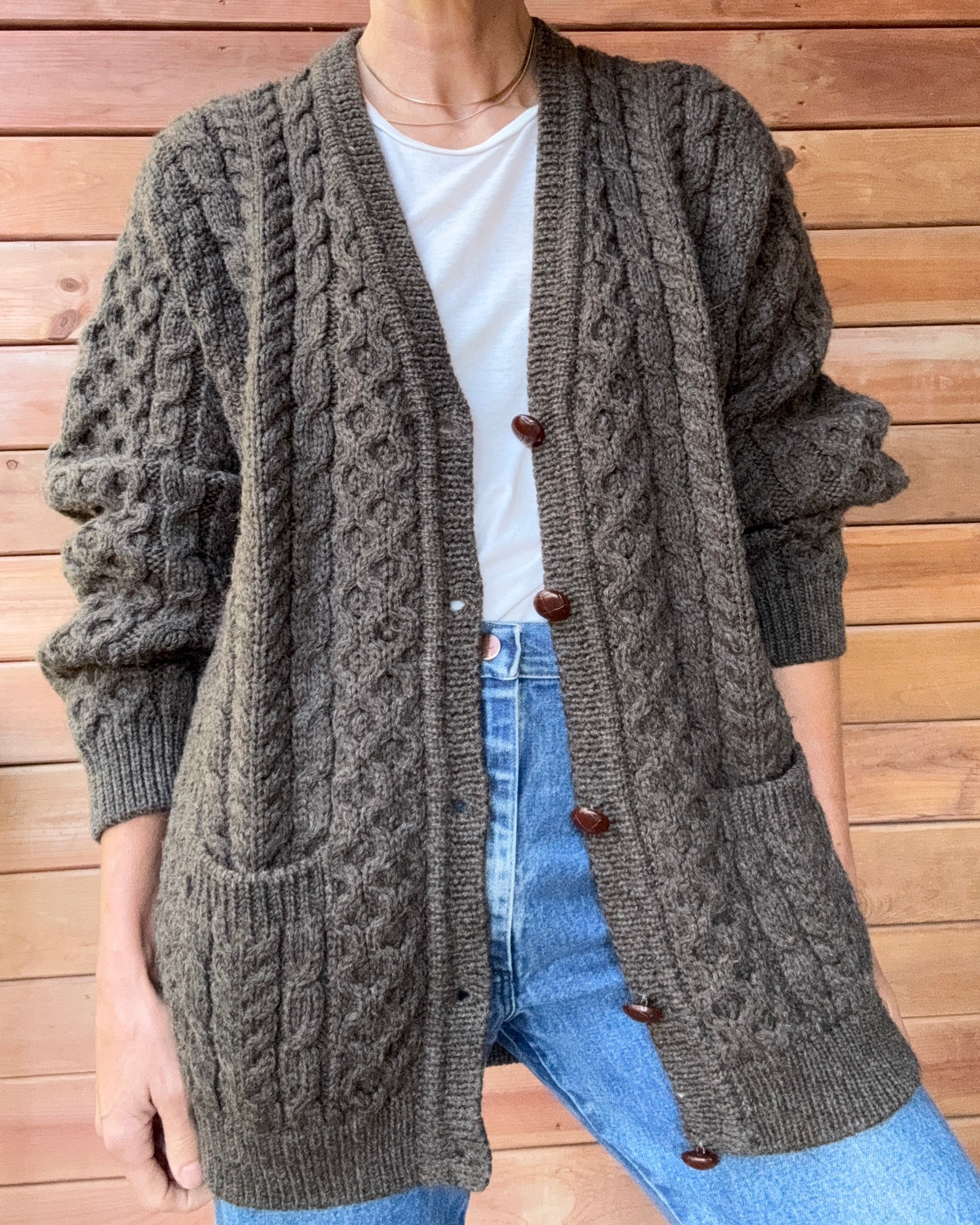 Vintage John Molloy Fisherman Cable Brown Sweater Cardigan Hand Knit in Ireland Pure New Wool L XL