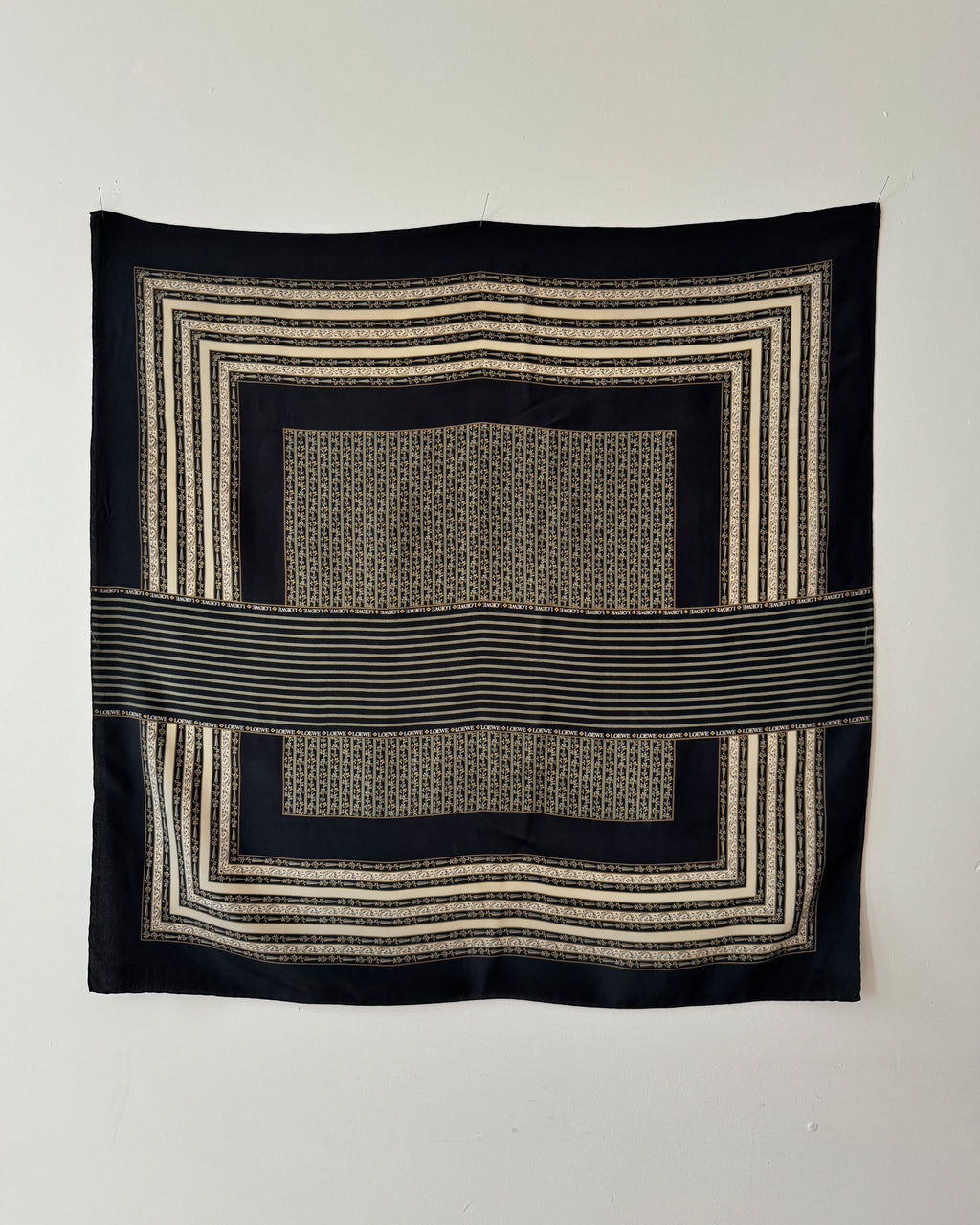 Vintage 1990s LOEWE Black and Tan Floral Stripe Monogram Silk Carre Scarf 32X32 Made in Italy