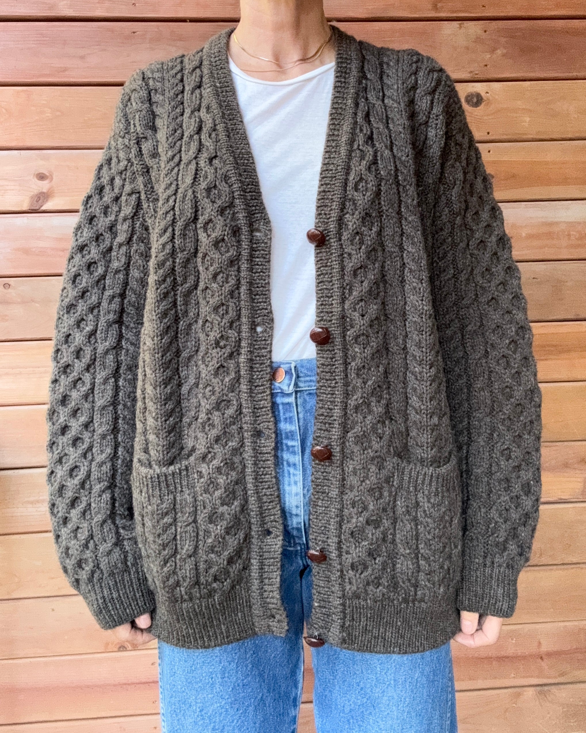 Vintage John Molloy Fisherman Cable Brown Sweater Cardigan Hand Knit in Ireland Pure New Wool L XL