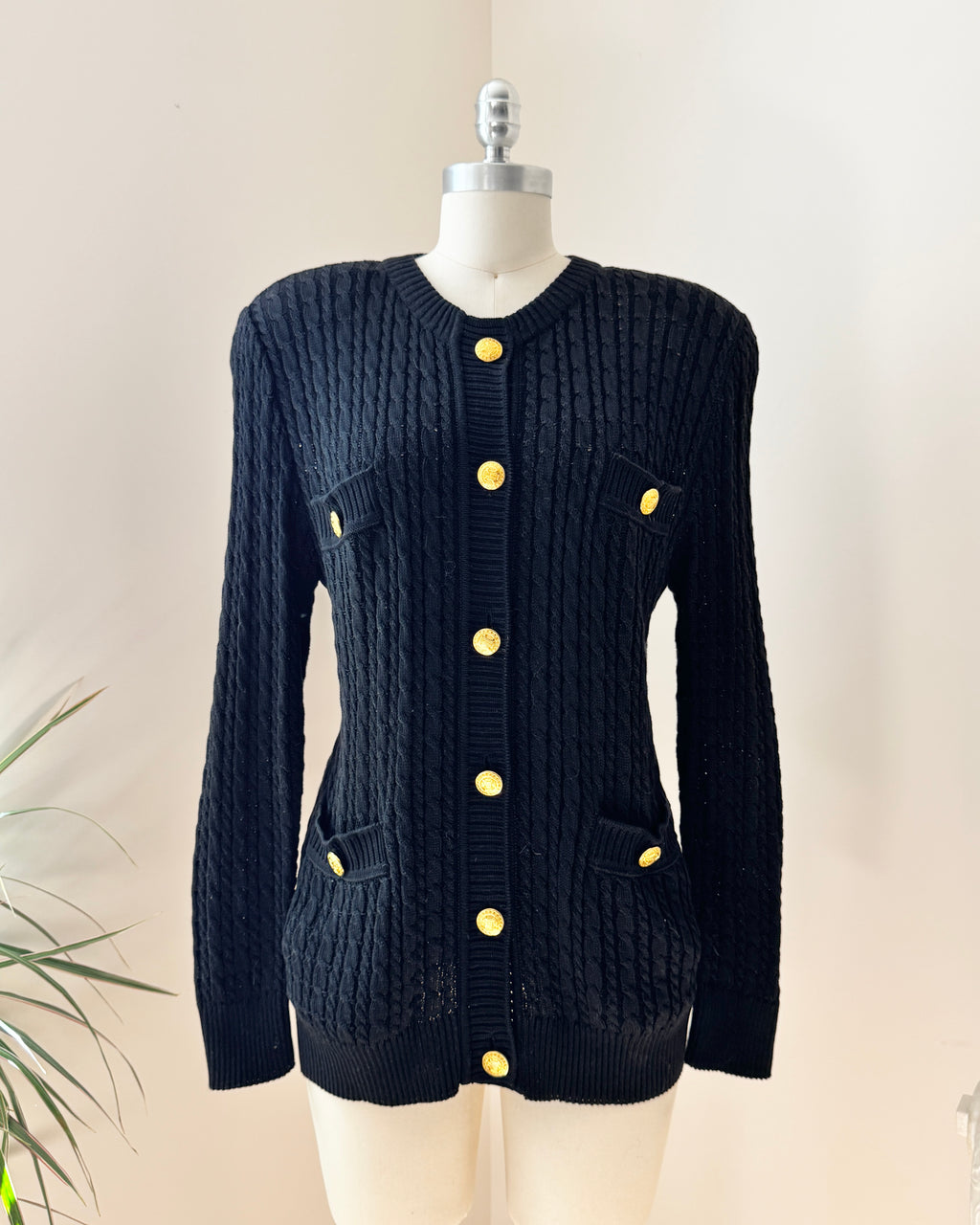 Vintage 1990s CELINE Black Baby Cable Cotton Cardigan with Gold Tone Logo Buttons and Pockets Size 42