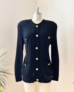 Vintage 1990s CELINE Black Baby Cable Cotton Cardigan with Gold Tone Logo Buttons and Pockets Size 42