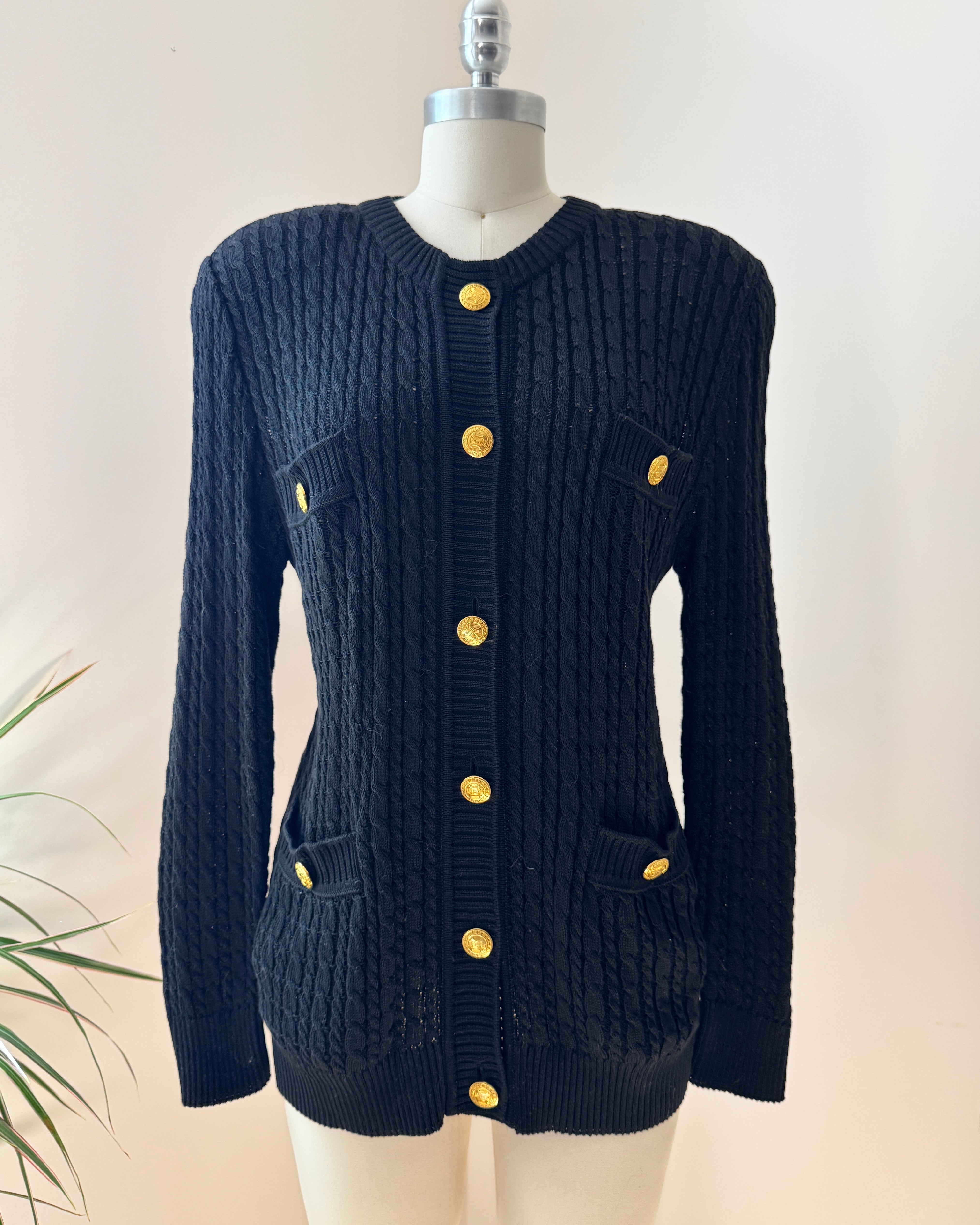 Vintage 1990s CELINE Black Baby Cable Cotton Cardigan with Gold Tone Logo Buttons and Pockets Size 42